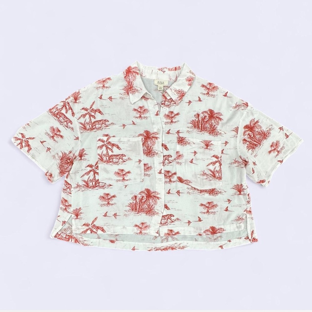❤️🐯 Red and White Tropical Palm Print Crop Top Tiger Elephant Bird🐘🌴 - Picture 8 of 8